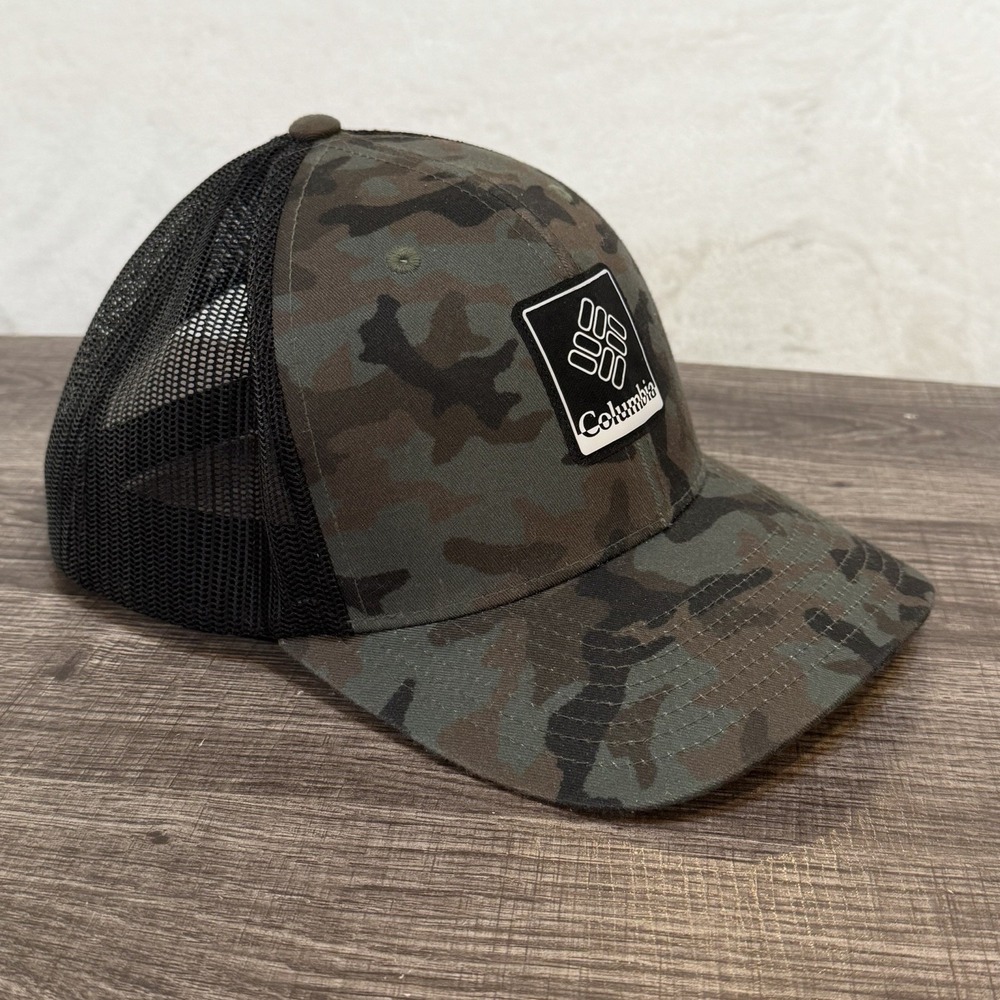Columbia Trucker Hat Black Camo Front Logo Side Spell-out Adjustable Cap Concert